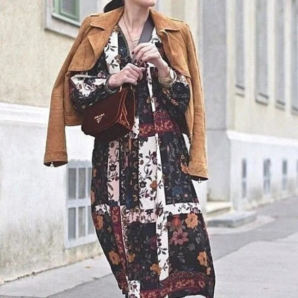 Zara Patchwork Boho  Maxi Dress Floral Print Velvet Trim Size Small - Picture 8 of 15